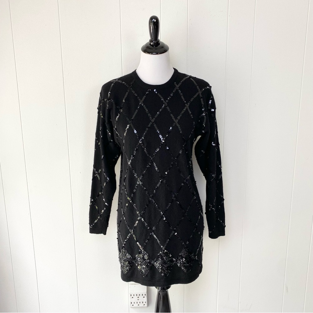 William‎ Kasper California Sweater Tunic Women S Black Sequin Cashmere Knit 70s